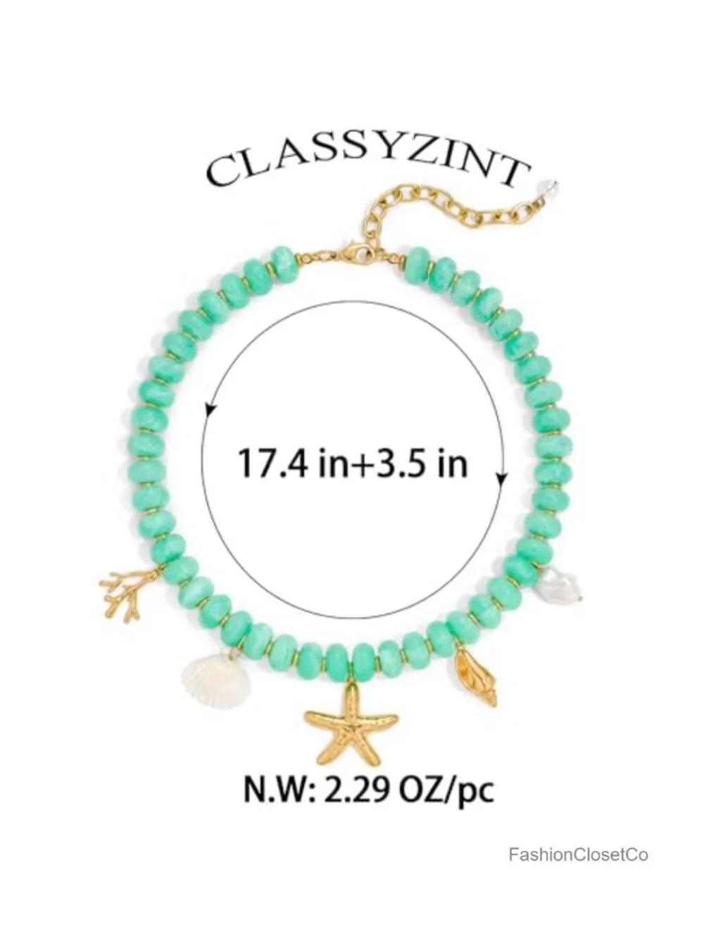 Resin Beaded Necklace with Starfish Seashell Charms, Adjustable Lobster Clasp,